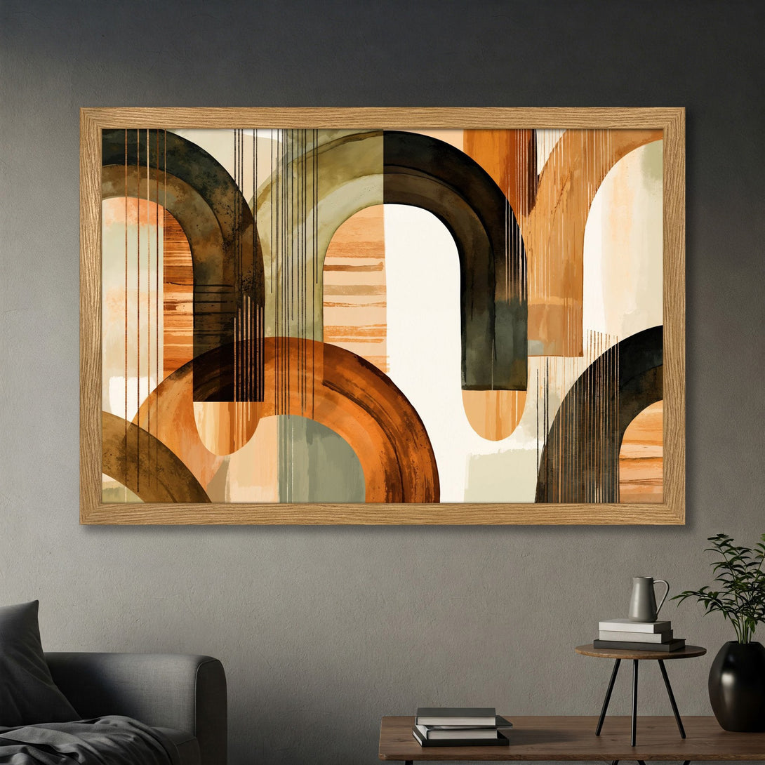 Framed Poster featuring abstract arch shapes in warm earth tones. Modern art print for home decor.