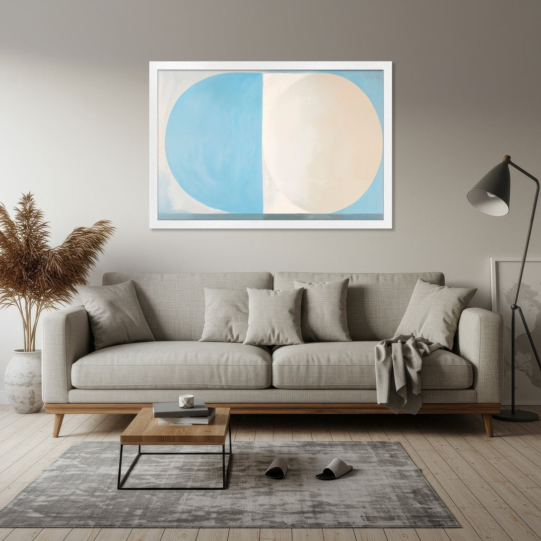 Framed Poster featuring abstract art with blue and beige circles, modern style, neutral color palette. Perfect wall decor!