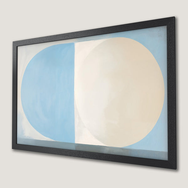 Framed Poster: Abstract art with blue, cream, and white circles. Modern minimalist style, perfect for any space. Shop this stunning poster now!