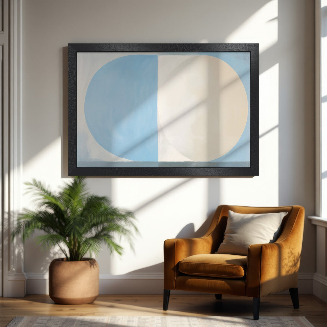 Framed Poster featuring abstract art in blue and beige tones. Modern style, perfect for home decor.