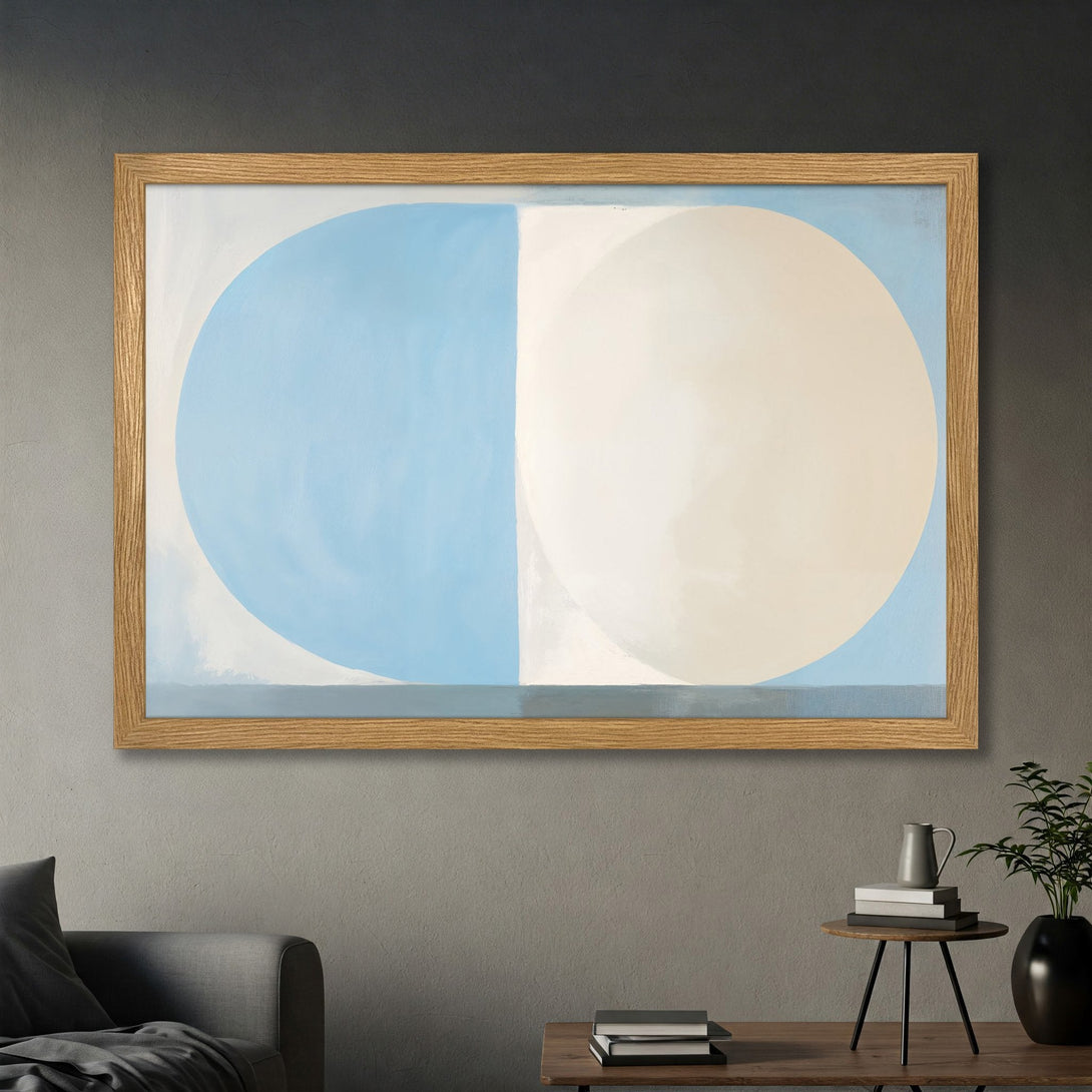 Framed Poster featuring abstract art with blue, cream, and beige hues. Modern style art print for home decor.
