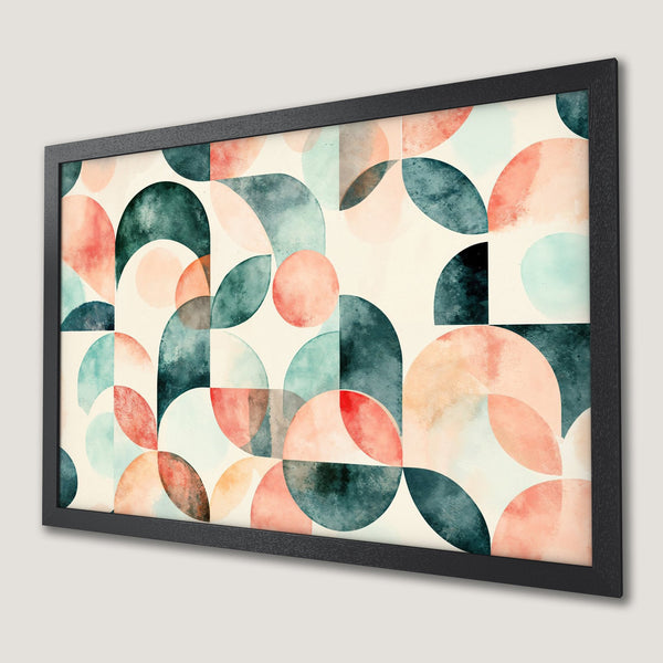 Framed Poster featuring geometric watercolor art in teal, coral, and peach tones. Modern wall decor for any space.