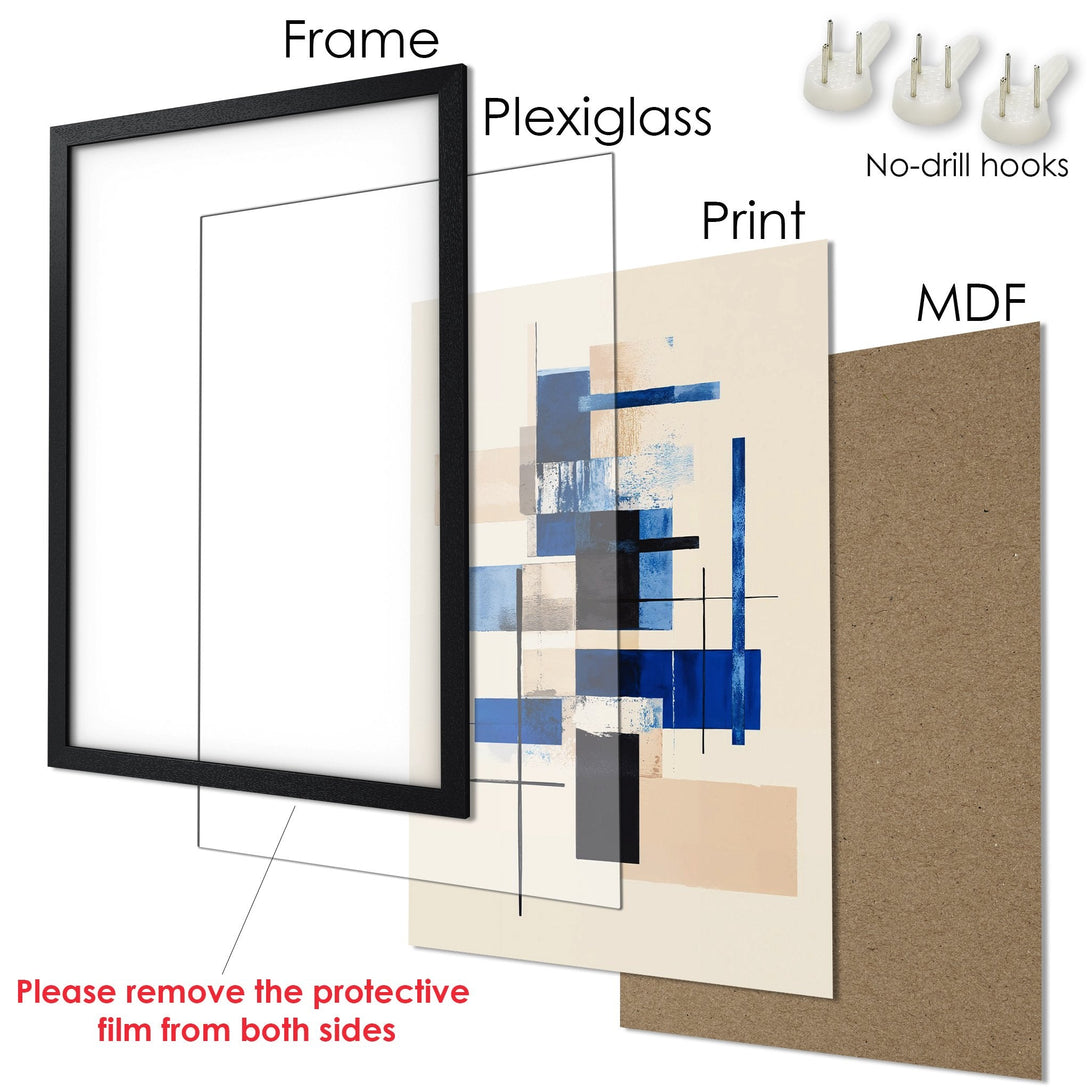 Framed Poster: Abstract art print with blue, beige, and black color palette. Modern wall decor for your home.