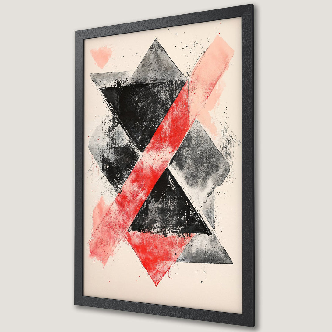 Framed Poster featuring abstract geometric art with black, red, and gray shapes on a cream background. Modern art print for your home decor.