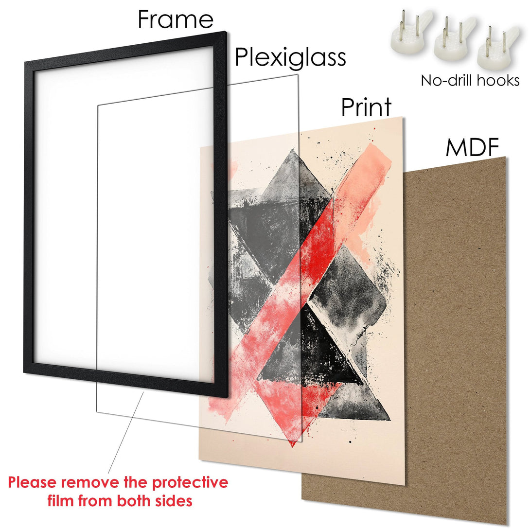 Framed Poster: Abstract art print with geometric shapes in black, gray, and red. Modern wall decor with neutral color palette.