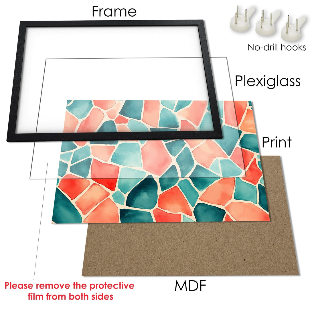 Framed Poster featuring a watercolor mosaic design in teal and coral hues. Add a pop of color to your space!