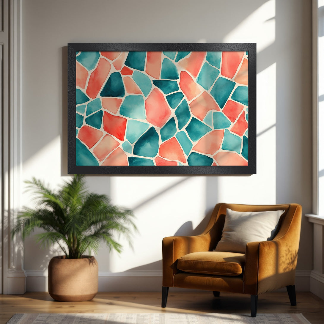 Framed Poster featuring abstract watercolor design in teal, coral, and peach. Perfect wall art for modern decor.