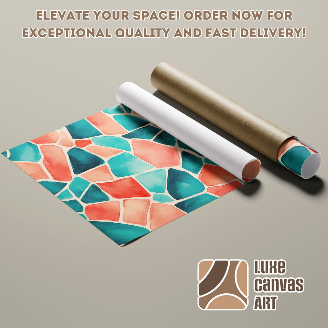 Abstract watercolor Poster Roll in teal, coral, and beige. Elevate your space with Luxe Canvas Art!