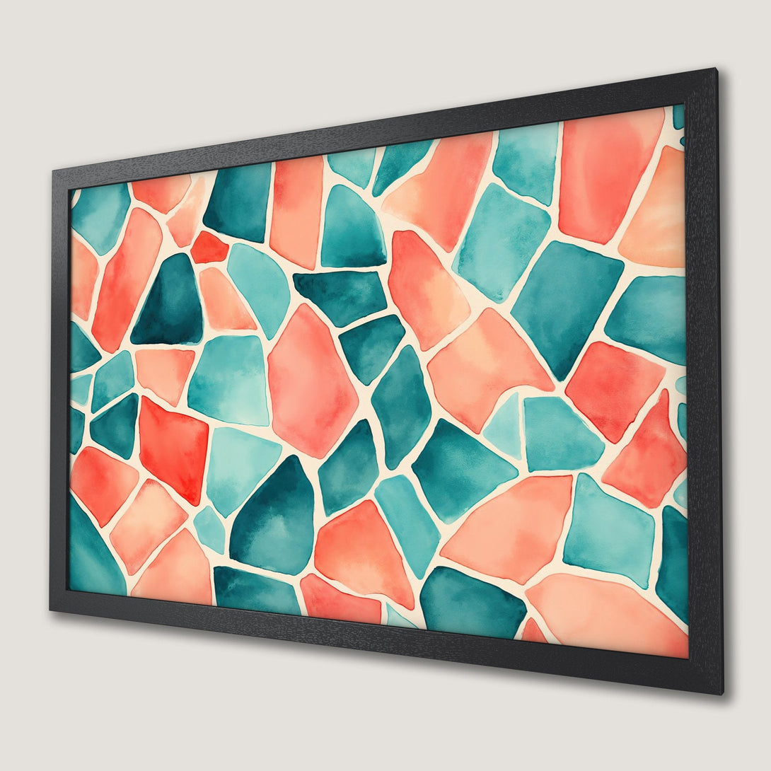 Framed Poster featuring abstract watercolor design in teal, coral, and peach. Modern art for your home!