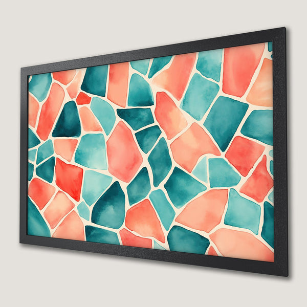 Framed Poster featuring abstract watercolor design in teal, coral, and peach. Modern art for your home!