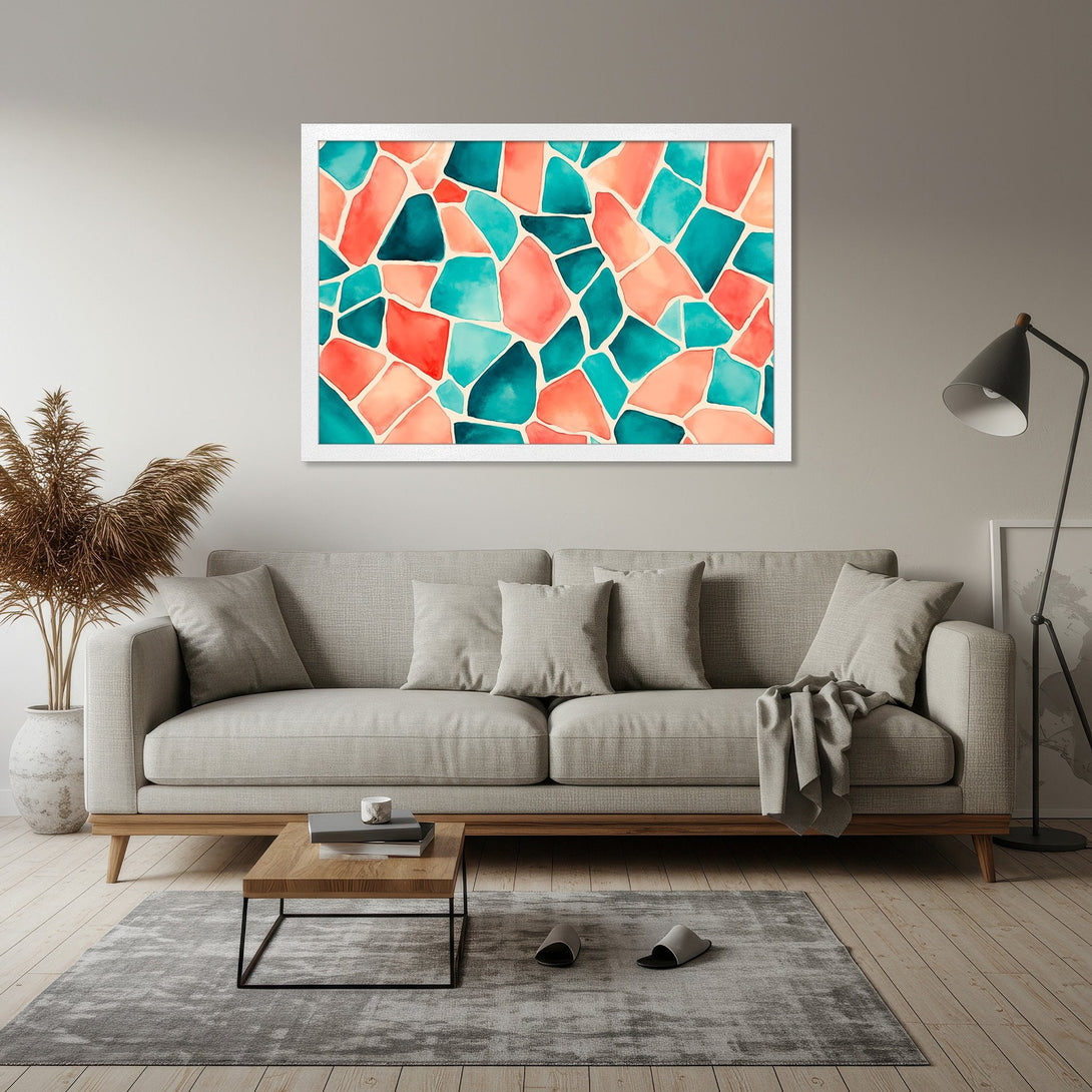 Framed Poster featuring abstract watercolor art in teal and coral, perfect for modern home decor.