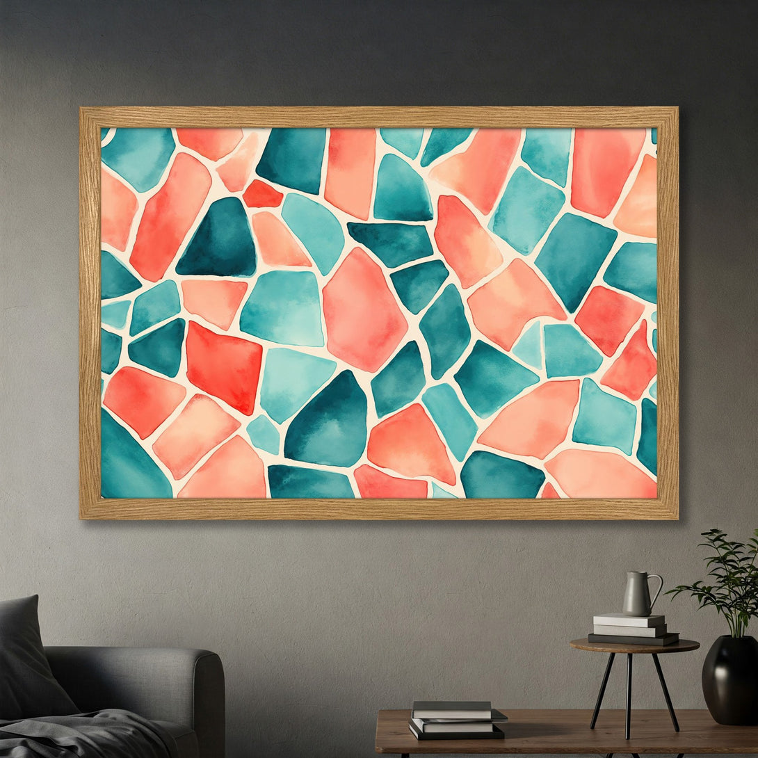 Framed Poster with watercolor abstract art in teal, coral, and peach tones. Modern wall decor for any space.