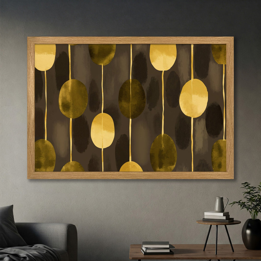 Framed Poster featuring an abstract design with gold and brown tones. Modern art style, perfect for home decor.