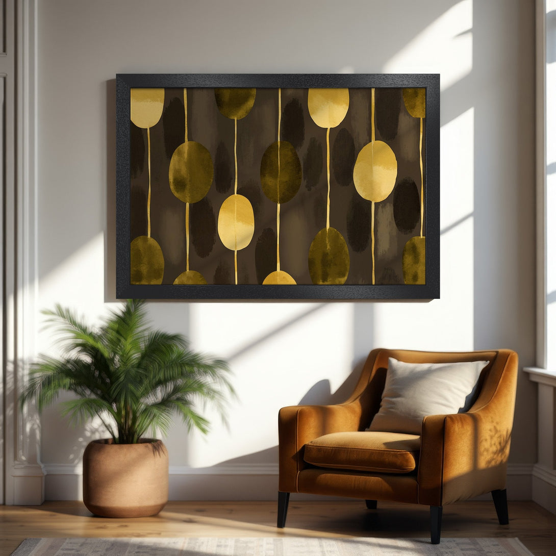 Framed Poster featuring abstract gold and brown shapes. Modern art print for home decor.