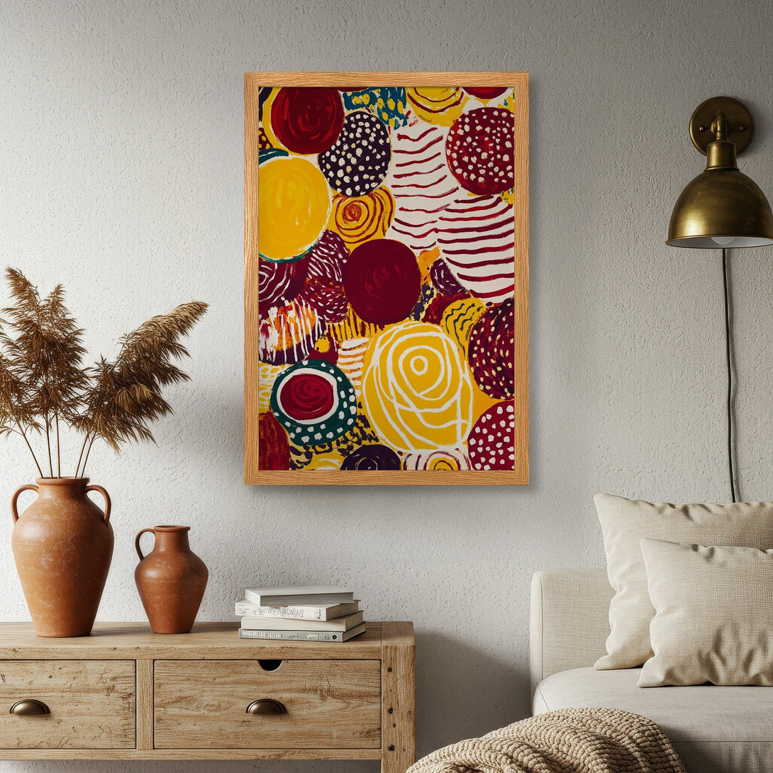 Framed Poster featuring abstract art with circles in bold colors. Modern home decor.