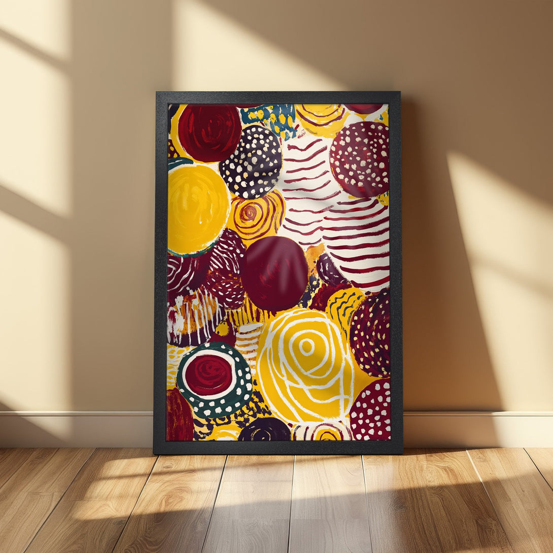 Framed Poster featuring abstract art with circles in yellow, red, and white. Modern art poster for home decor.
