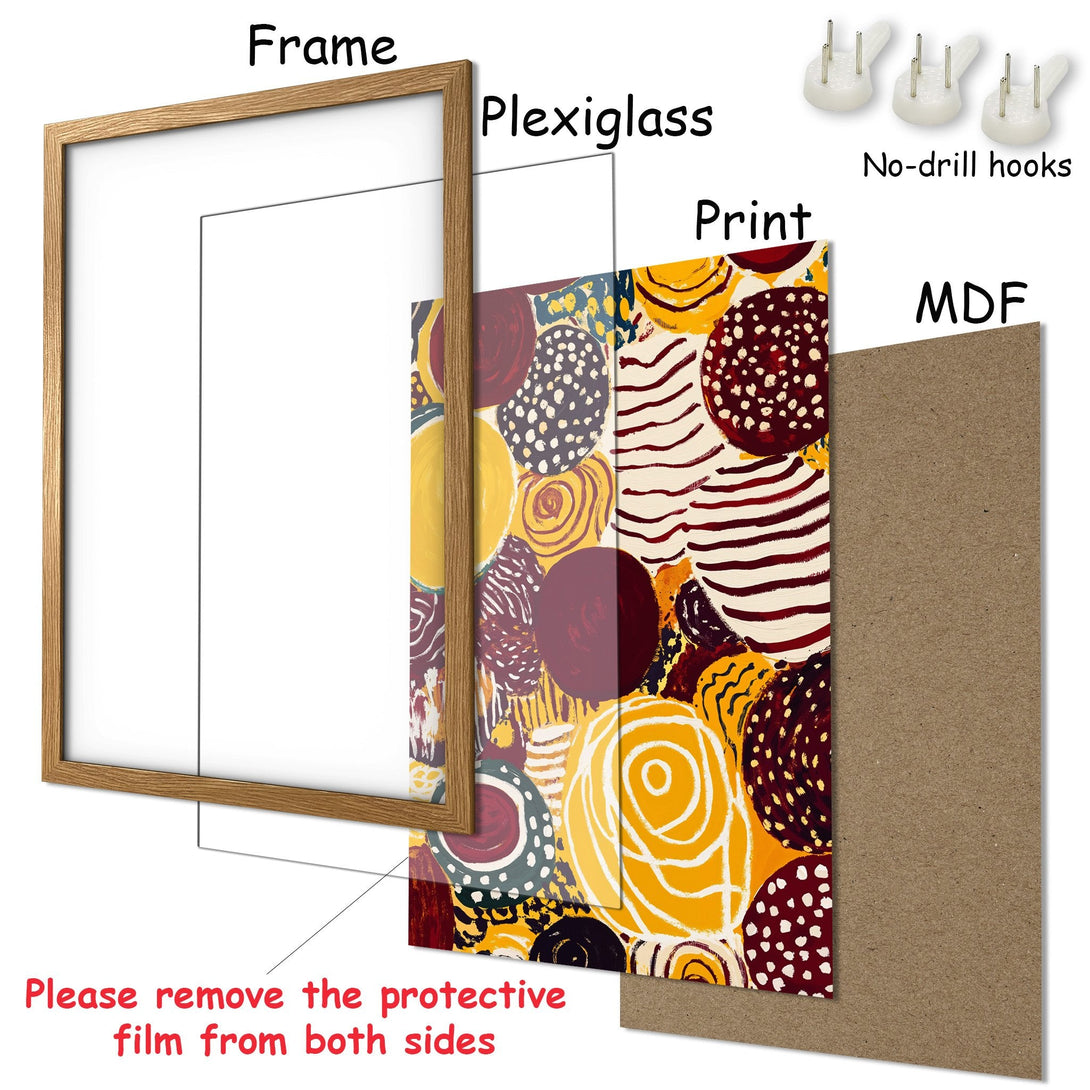 Framed Poster with abstract art in yellow, red, and purple. Modern style, perfect for home decor.