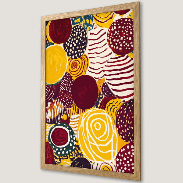Framed Poster featuring an abstract design with colorful circles and organic shapes in a warm yellow, red, and white palette.