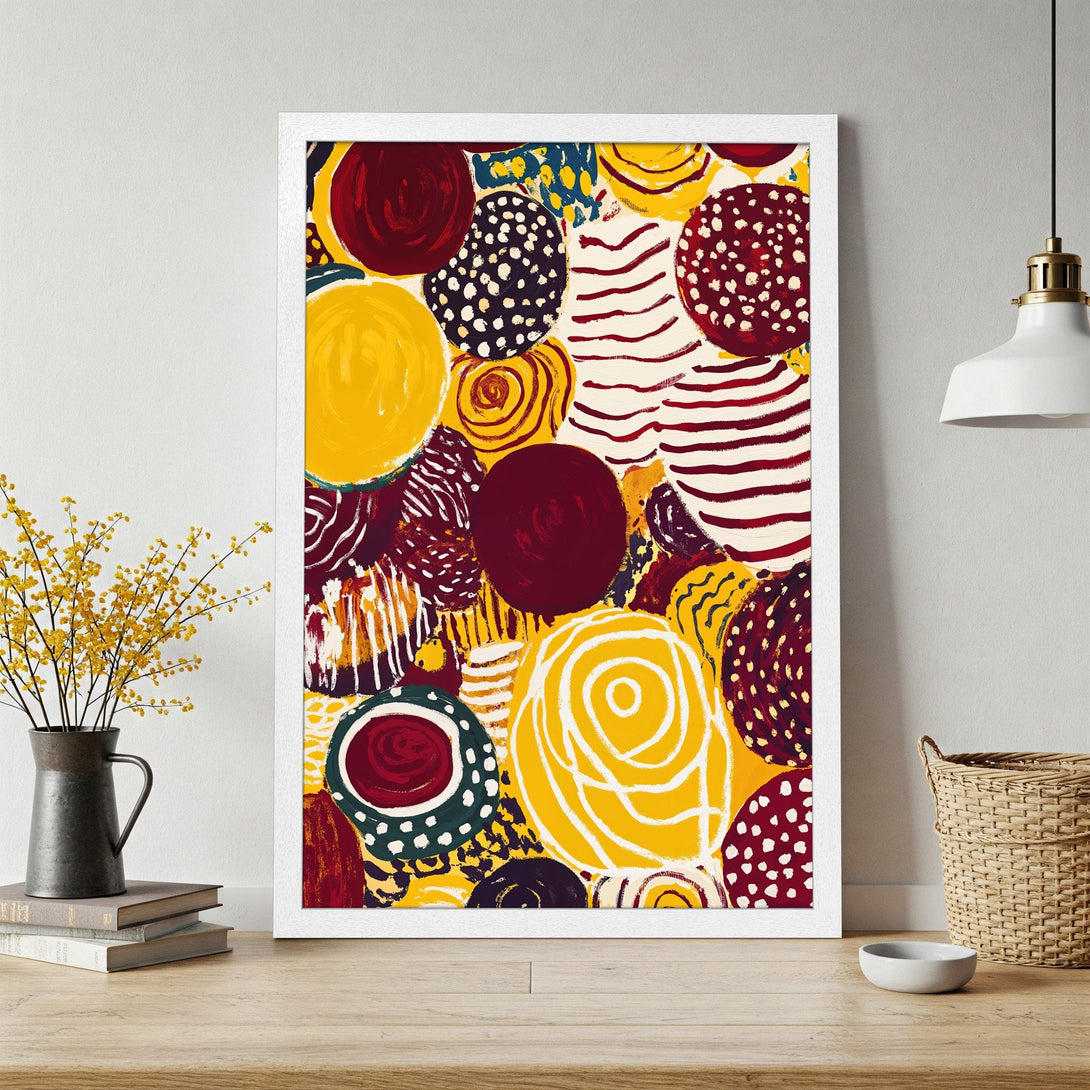 Framed Poster featuring abstract art with circles in yellow, red, and burgundy. Modern art style, perfect wall decor.