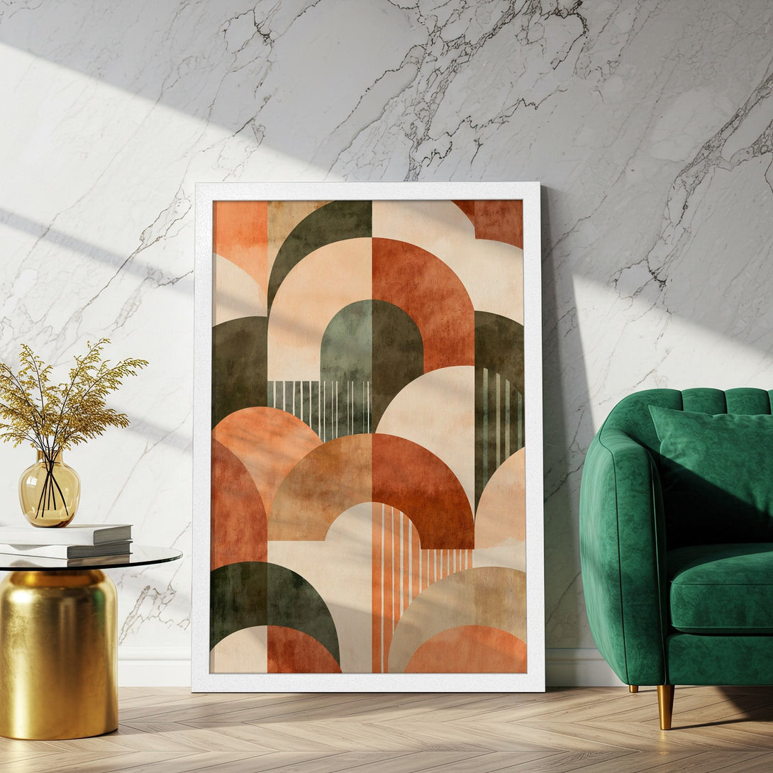 Framed Poster featuring abstract geometric art in warm earth tones. Perfect for modern home decor.