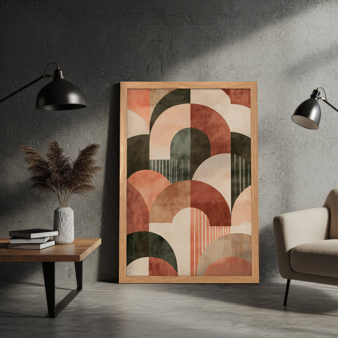 Framed Poster featuring abstract geometric art in warm terracotta and earthy tones, perfect for modern decor.