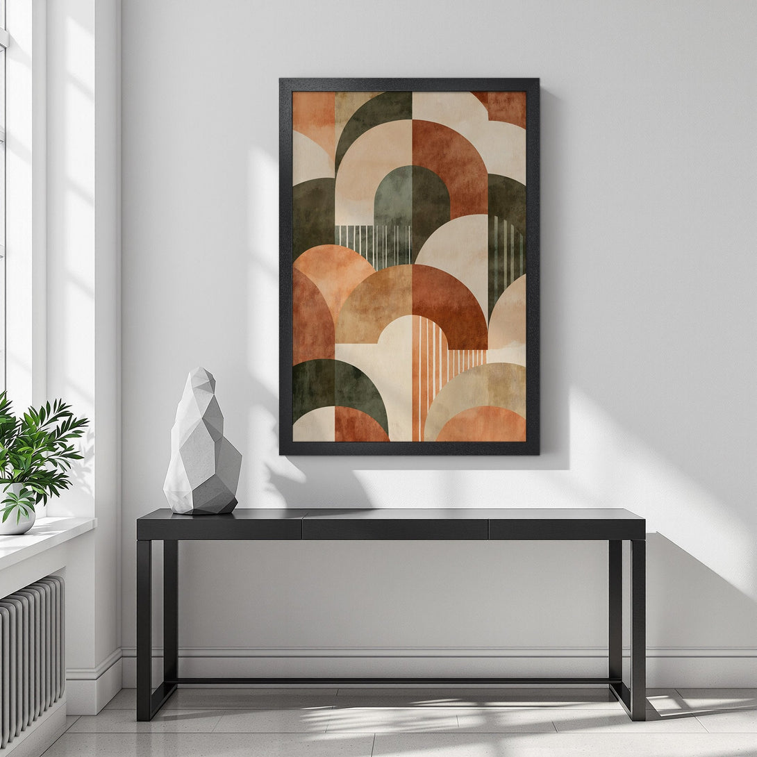 Framed Poster featuring an abstract geometric design in earthy tones. Modern art print for home decor.