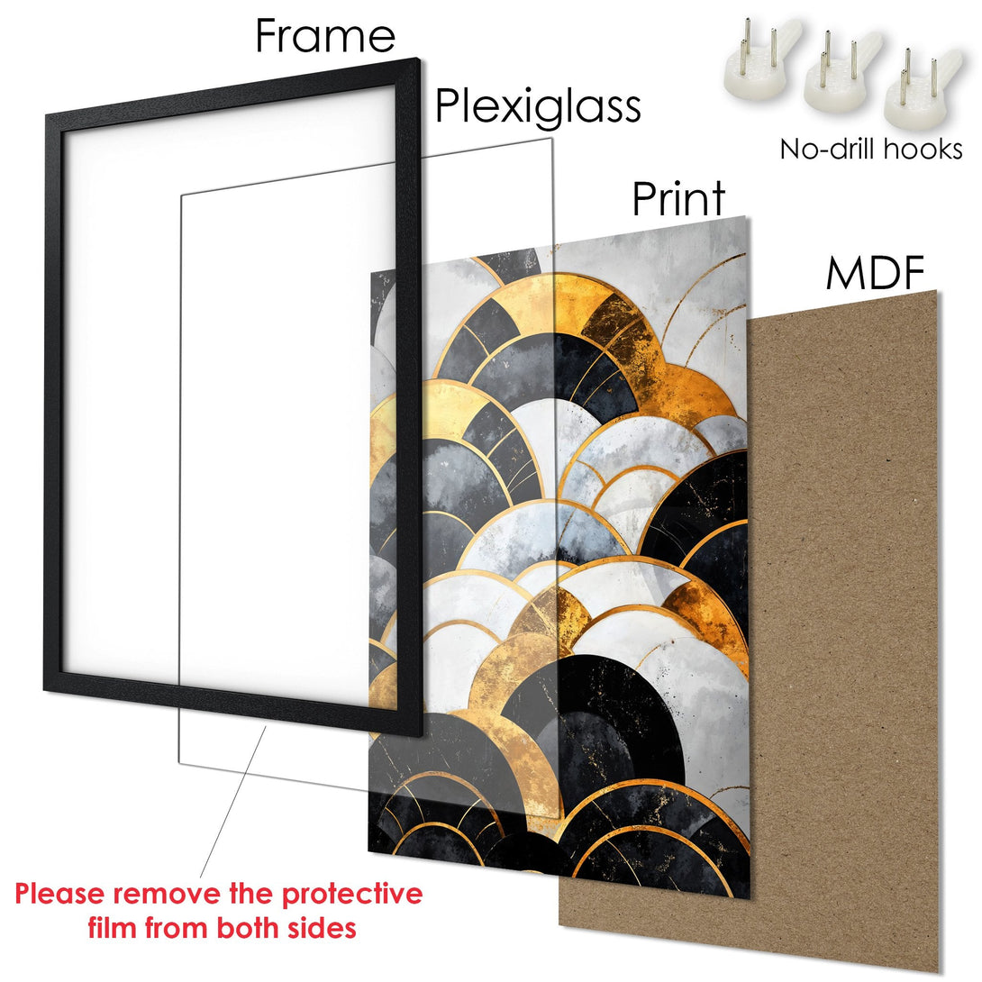 Framed Poster with abstract art in gold, black, and gray. Modern design for home decor. Easy to hang.