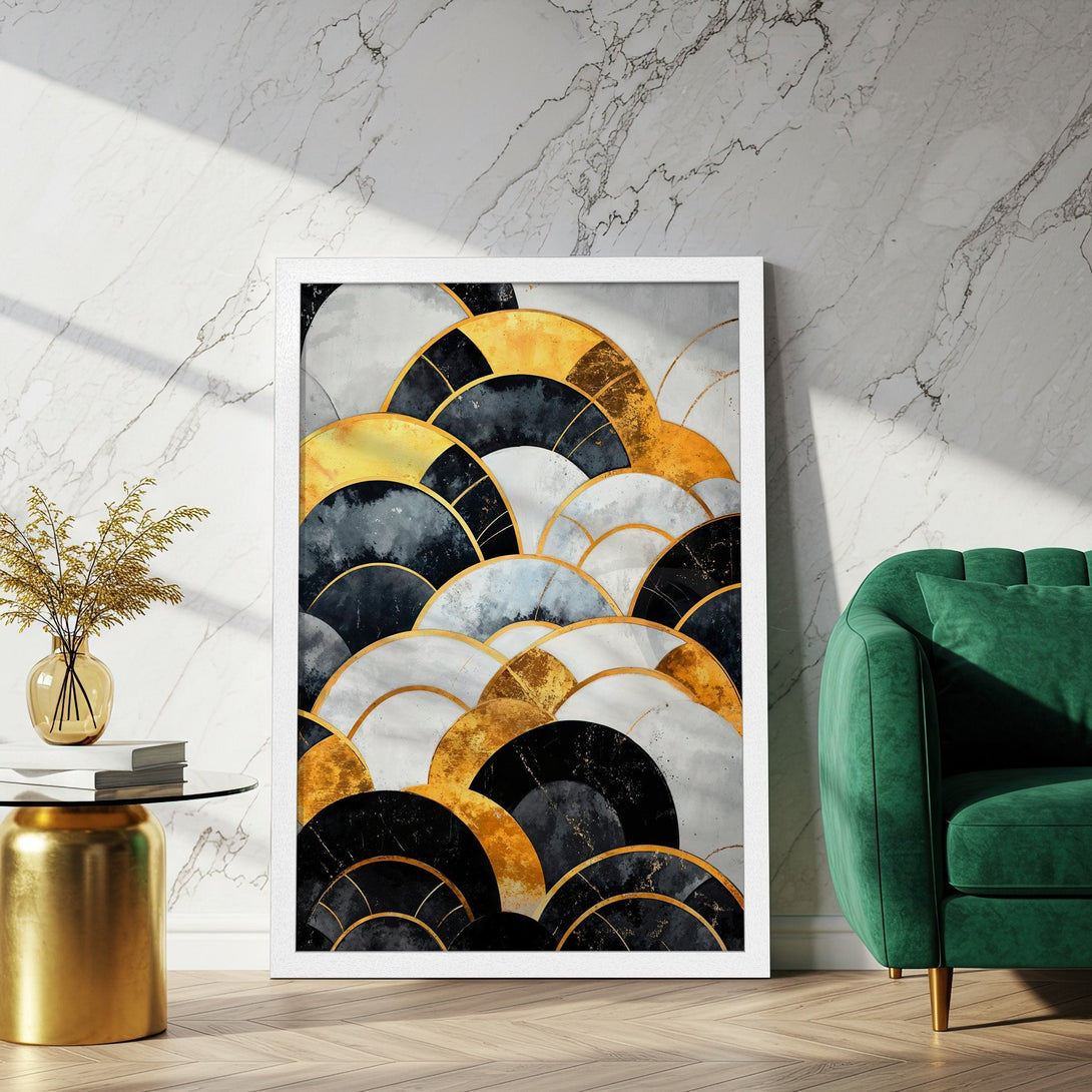 Framed Poster featuring abstract art in gold, black, and white. Modern style, perfect wall decor for any space.