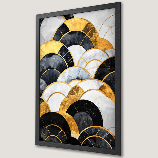 Framed Poster featuring abstract art with gold, black, and white geometric shapes. Modern art print for home decor.