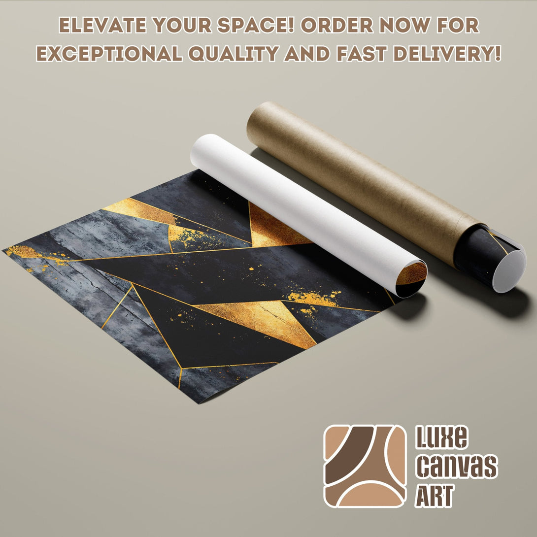 Geometric Poster Roll with gold accents. Modern art for your home. Black, gray, and gold color palette.