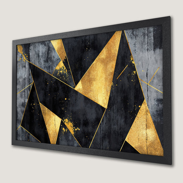 Framed Poster: Abstract geometric art with gold accents on a dark, textured background. Modern wall decor in black, gold, and gray.
