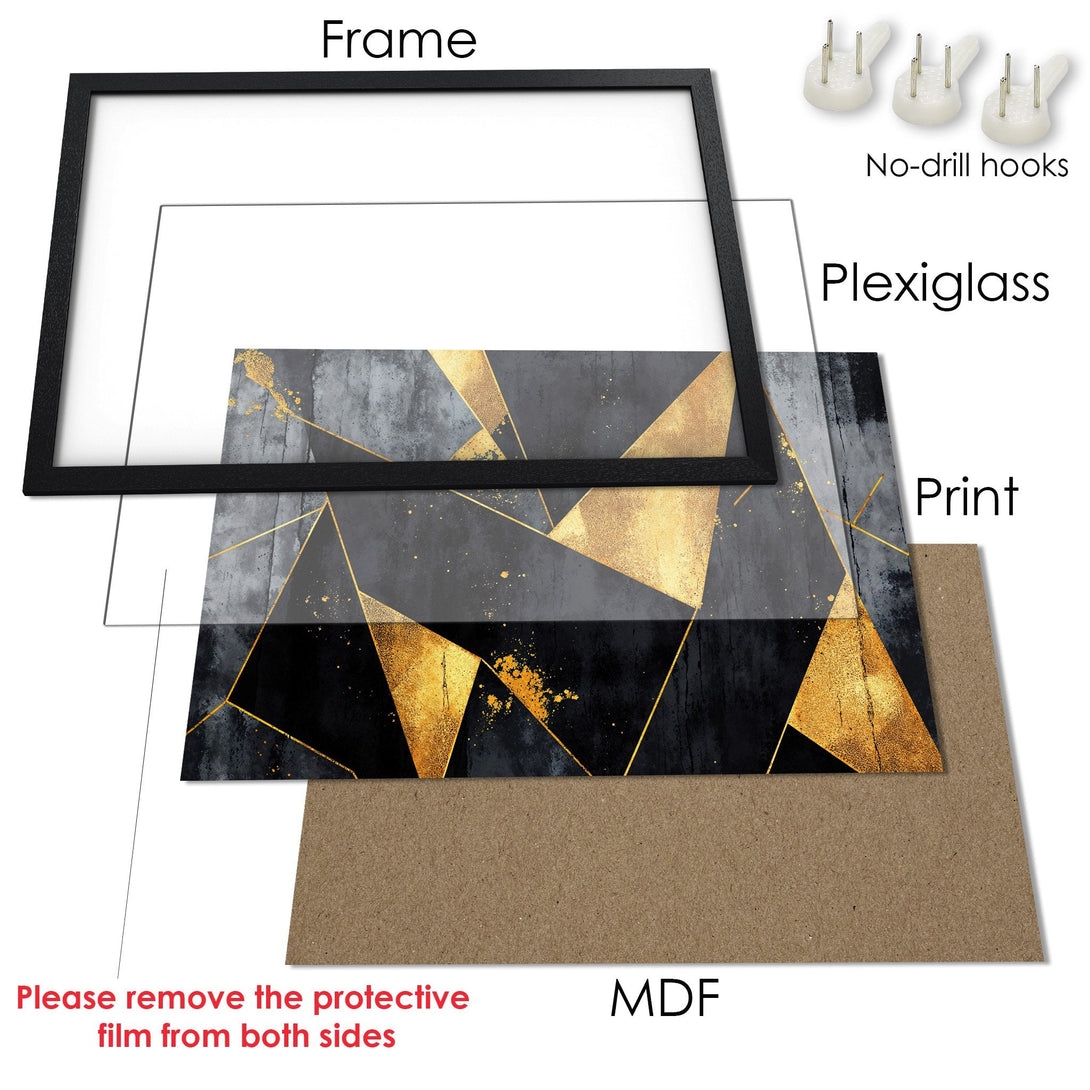 Framed Poster: Geometric art print in black, gold, and gray. Modern style, perfect for home decor.