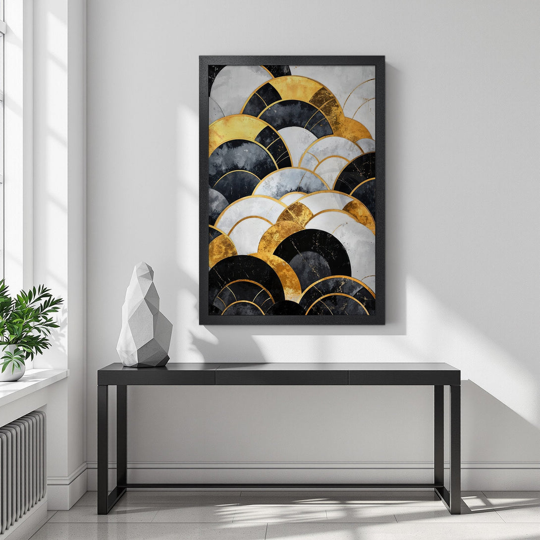 Framed Poster featuring abstract geometric design in gold, black, and gray. Modern art print for stylish home decor.