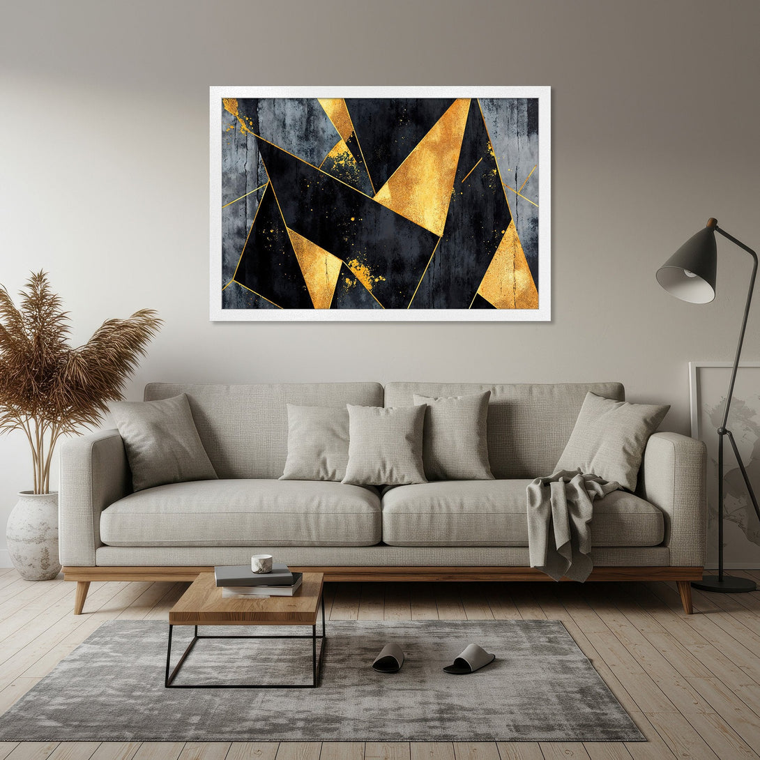 Framed Poster featuring abstract geometric art in black, gold, and gray. Modern art print for home decor.