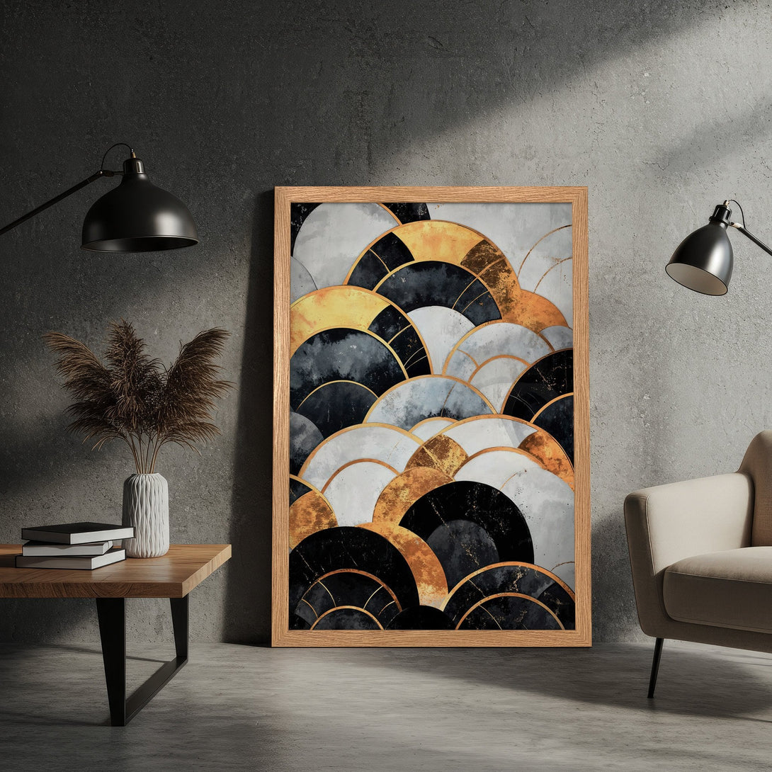 Framed Poster featuring an abstract geometric design in a modern style with a black, gold, and gray color palette.