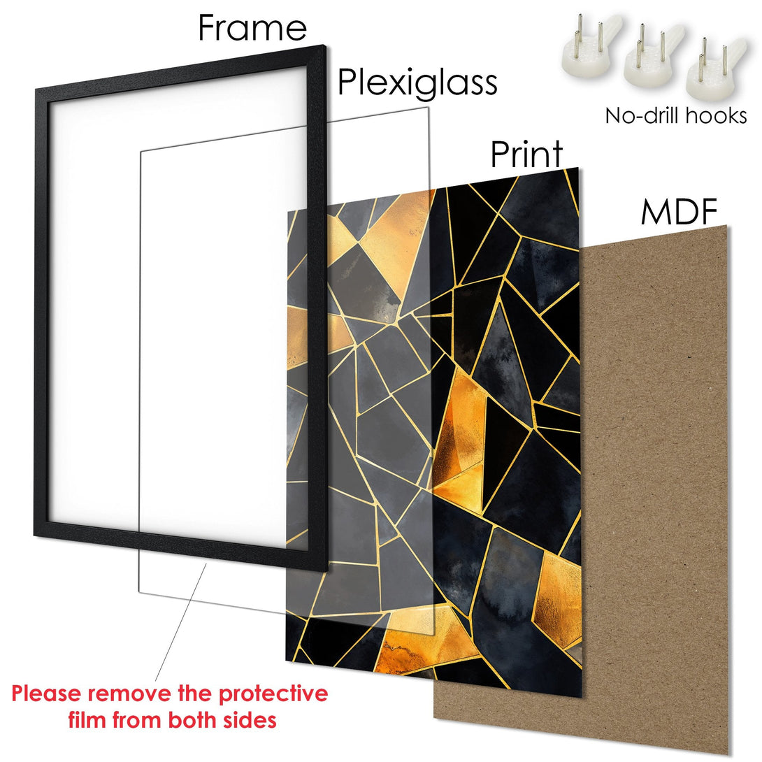 Framed Poster: Abstract geometric art in black, gold, and gray. Modern wall decor with a luxurious feel. Ready to hang!