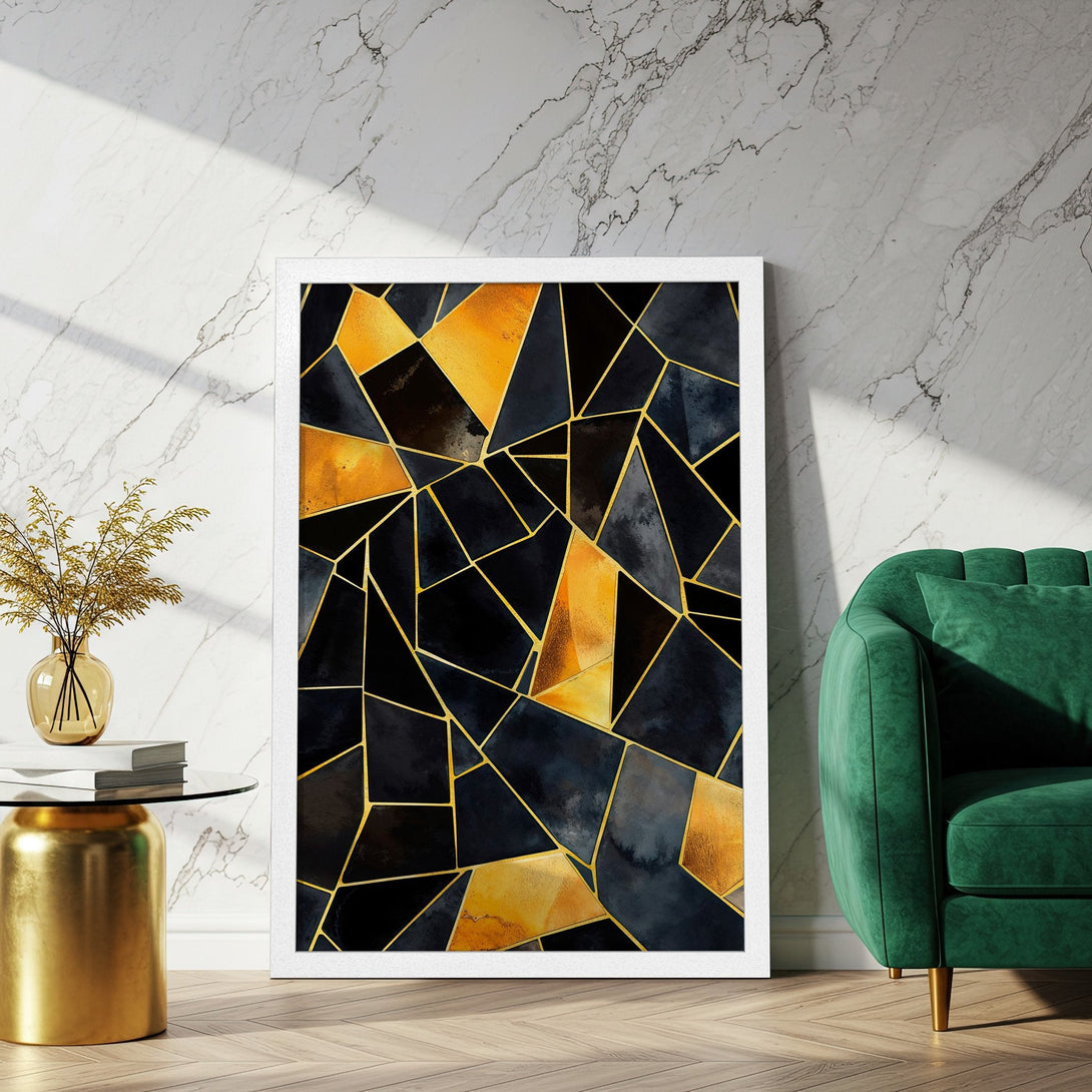 Framed Poster featuring a modern geometric design in black, gold, and navy blue. Elevate your space with this stylish art print.