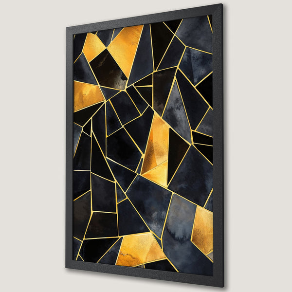 Framed Poster featuring a modern geometric design in black, gold, and navy blue. Elevate your space with this stylish wall art.