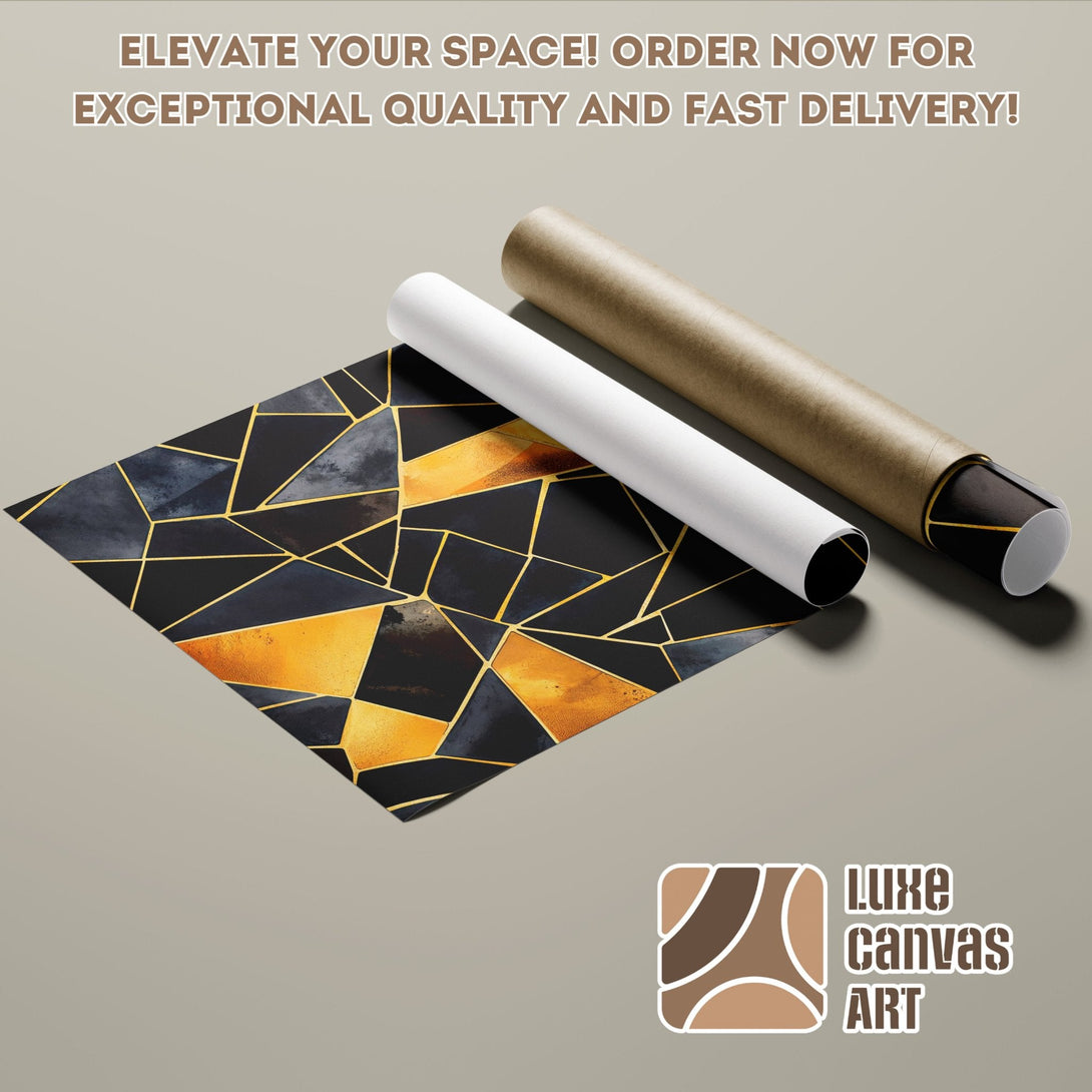 Geometric abstract Poster Roll art in black, gold, and navy color palette. Elevate your space!
