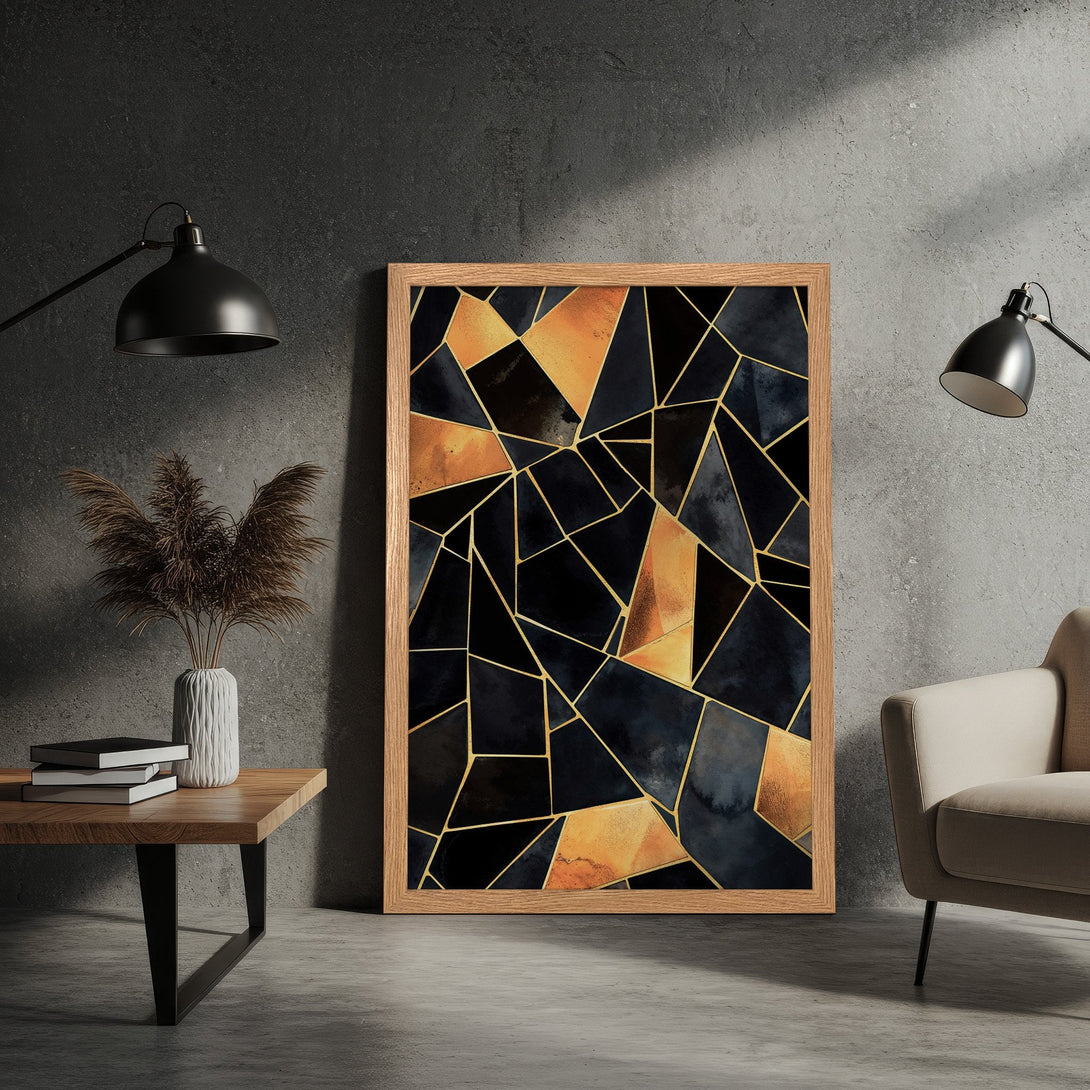 Framed Poster featuring a modern geometric design in black, gold, and navy blue. Perfect wall art for any space!
