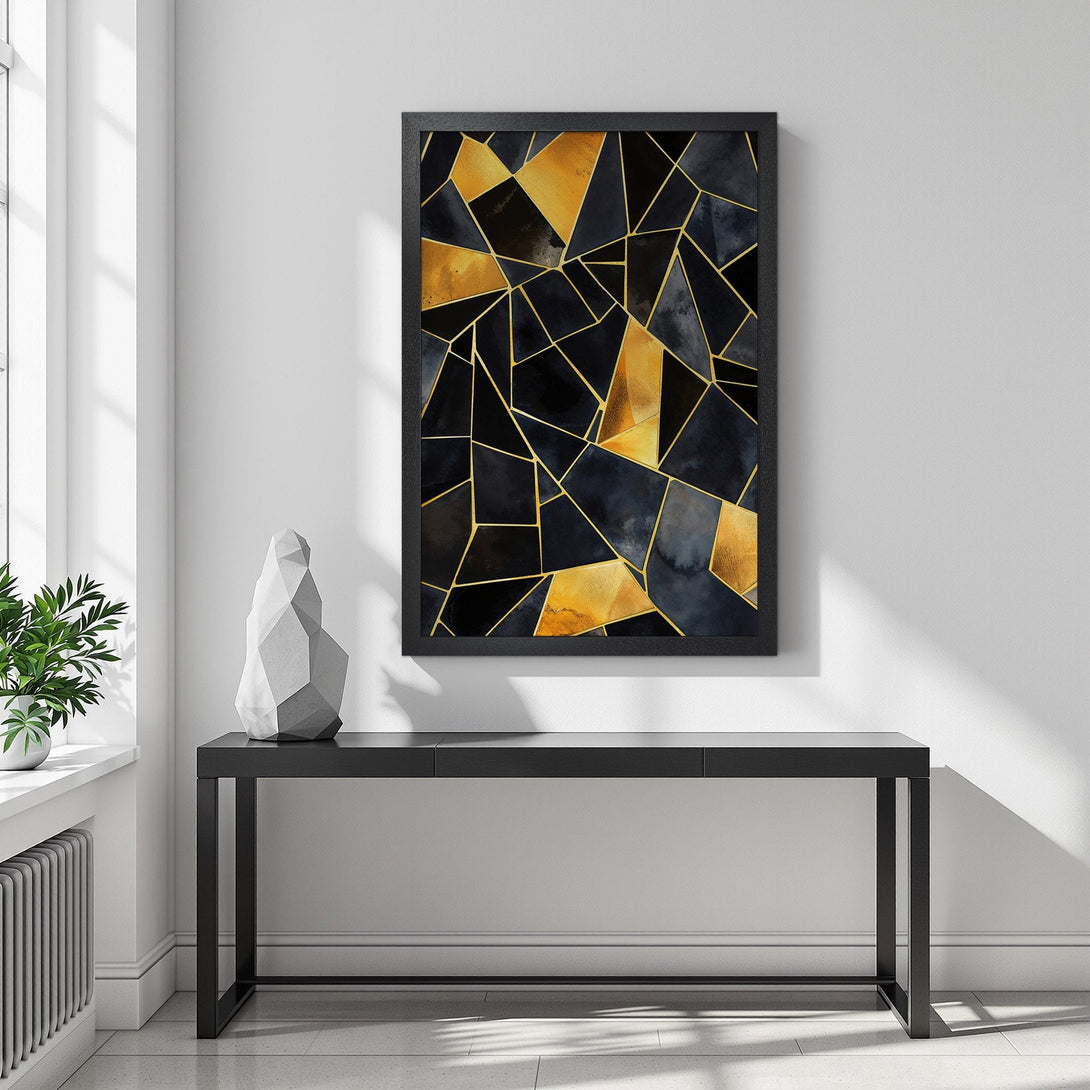 Framed Poster featuring an abstract geometric design in black, gold, and gray. Modern art style, perfect for home decor.