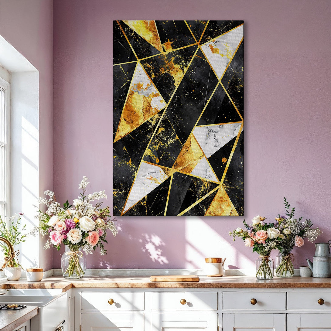 Framed Wall Art: Modern abstract geometric design in black, gold, and white. Elevate your space with this stylish Canvas Print, perfect for any interior.