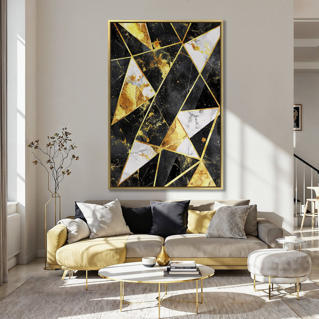 Canvas Print featuring a modern geometric design in black, gold, and white, perfect for adding a touch of luxury to any space.