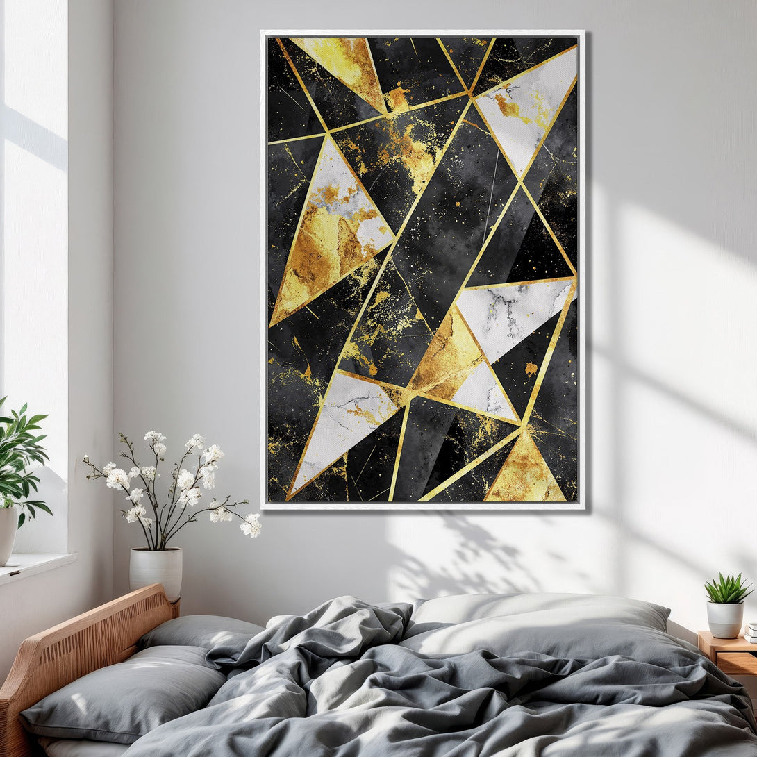 Framed Wall Art: Geometric abstract design in black, gold, and white. Modern canvas print adds a touch of luxury to any bedroom decor.
