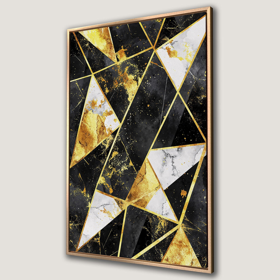 Framed Wall Art: Abstract geometric design in black, gold, and white. Modern canvas print with a luxurious, artistic aesthetic for home decor.