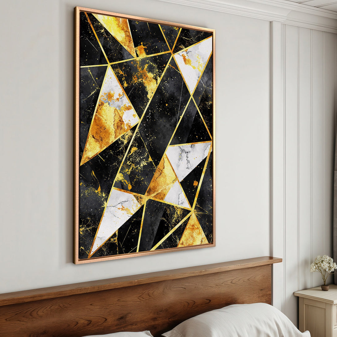 Framed Wall Art: Abstract geometric design in black, gold, and white. Modern canvas print adds a touch of luxury and style to any interior.