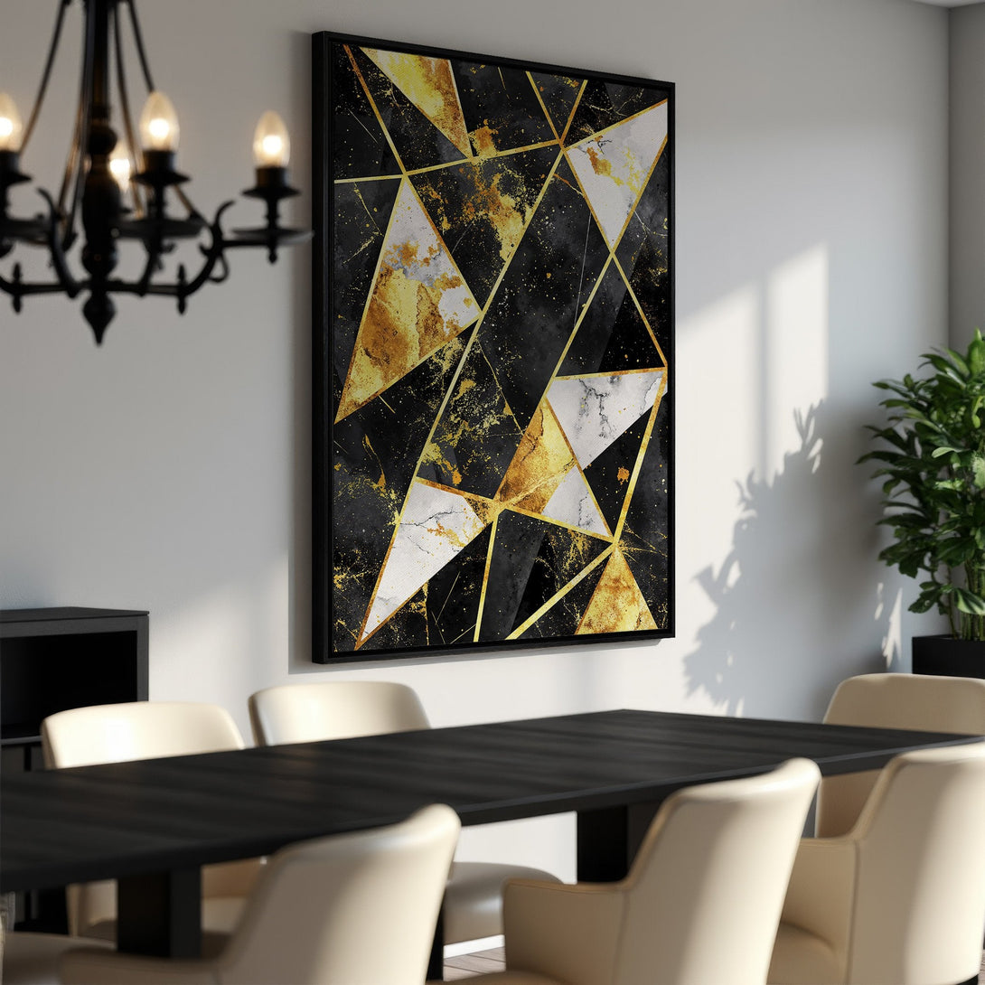 Framed Wall Art: Geometric abstract art in black, gold, and white. Modern canvas print adds a touch of luxury to any dining room or living space.