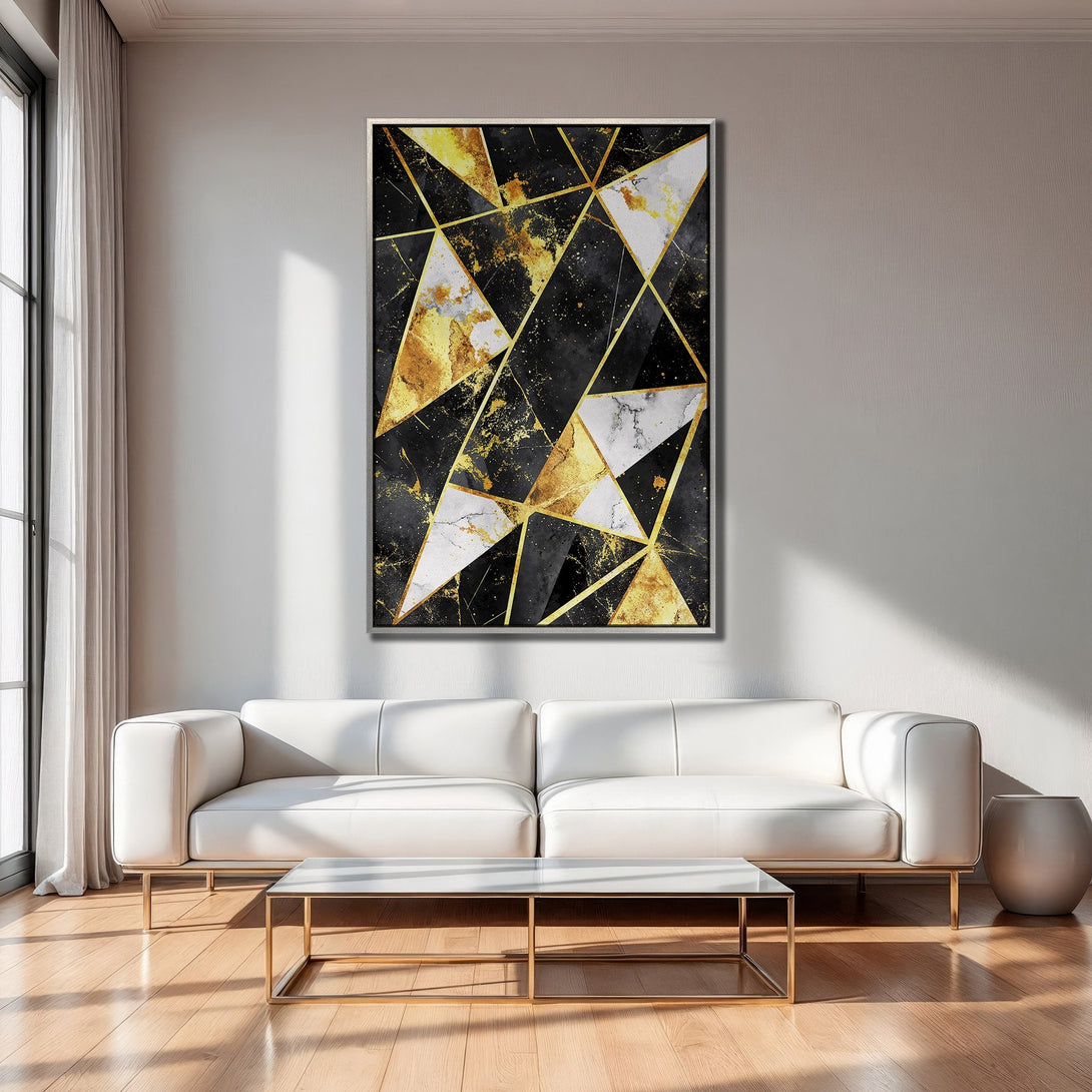 Framed Wall Art: Geometric abstract design in black, gold, and white. Modern canvas print adds a touch of luxury to any interior space.