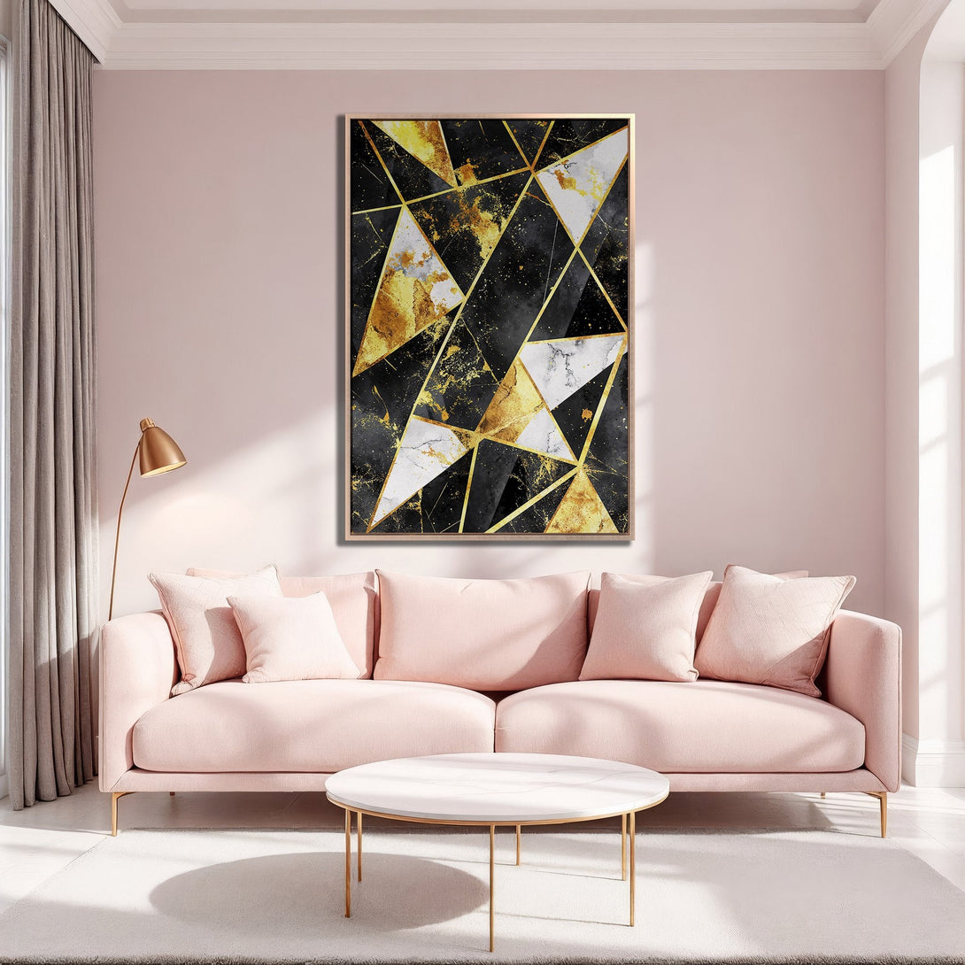 Framed Wall Art: Modern geometric design in black, gold, and white. Adds a touch of luxury to any space. Perfect for living rooms & bedrooms.
