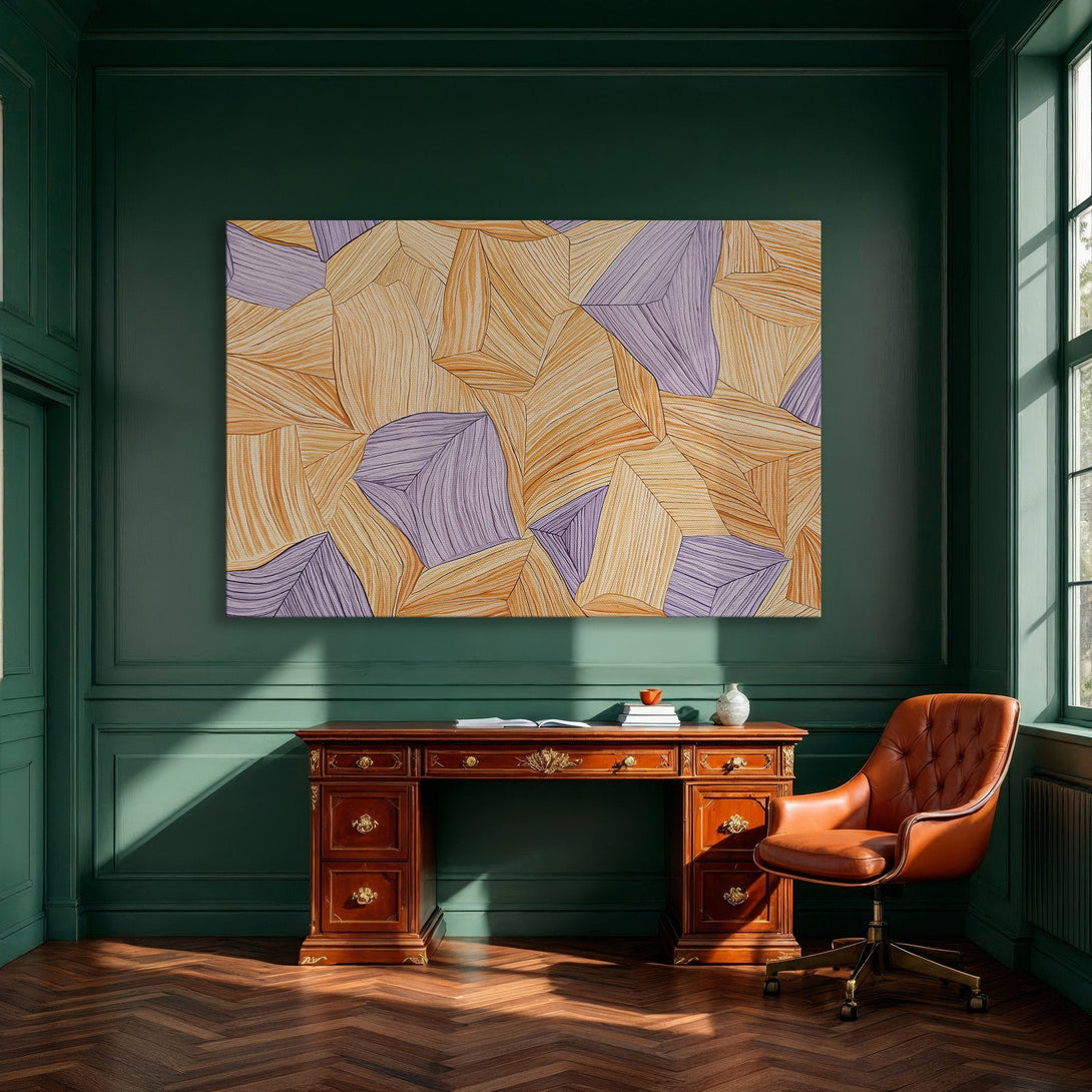 Framed Wall Art featuring an abstract geometric design in orange and purple. Modern style canvas print perfect for dining room decor.